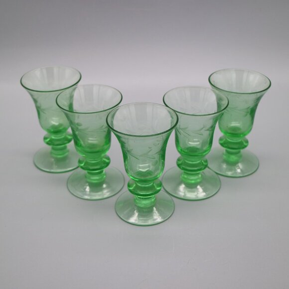 Other - Green Depression Glass Style Aperitif Glasses W.J. Hughes-Style Cornflower